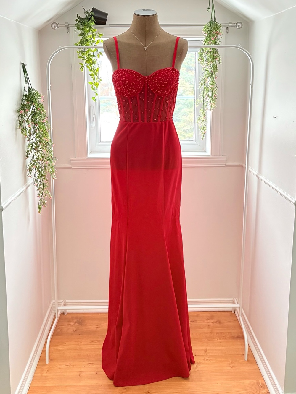 Fashion Nova Red Beaded Sweetheart Maxi Dress